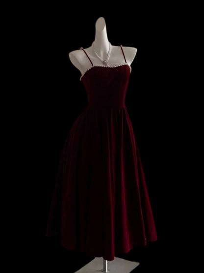 Spaghetti Straps Burgundy Velvet Pearl Beaded Birthday Gown  P2414