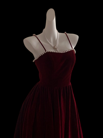 Spaghetti Straps Burgundy Velvet Pearl Beaded Birthday Gown  P2414