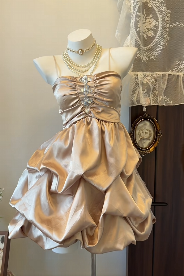 Spaghetti Straps Champagne A Line Homecoming Dress Short Birthday Dress  P2026