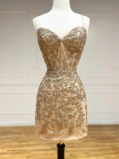 Spaghetti Straps Champagne Lace Sheath Homecoming Dresses  P2356