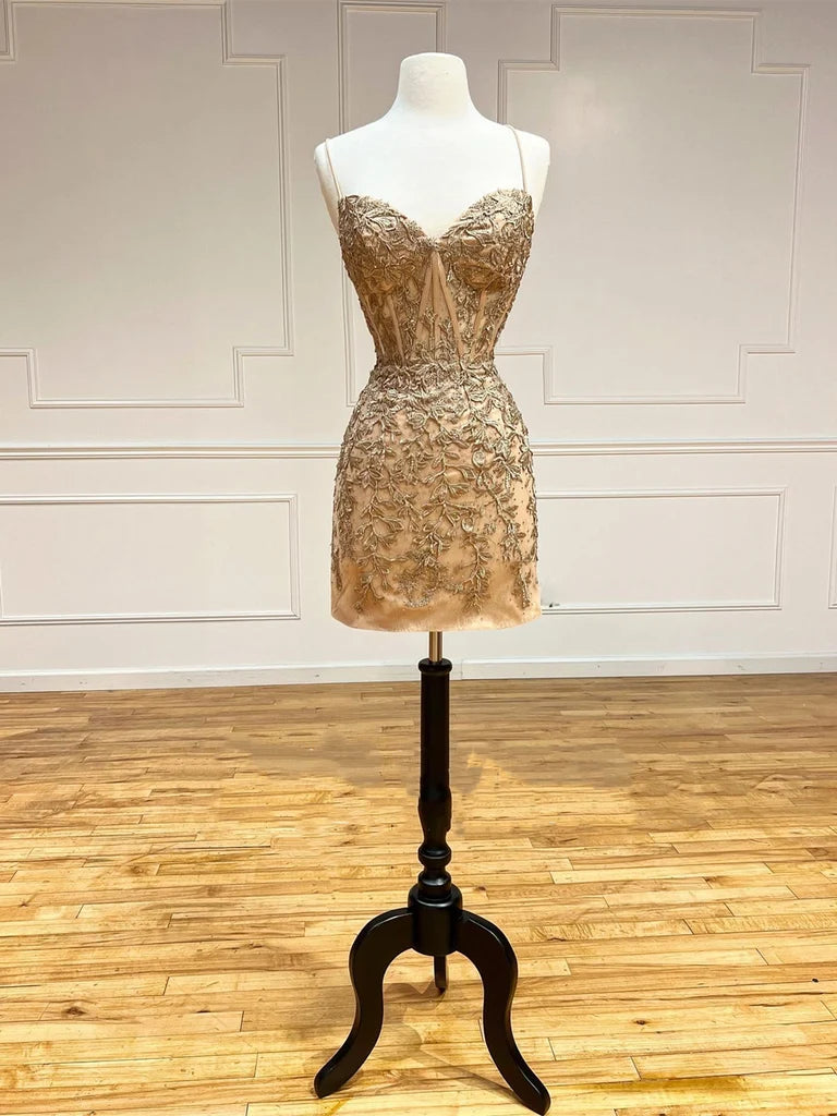 Spaghetti Straps Champagne Lace Sheath Homecoming Dresses  P2356