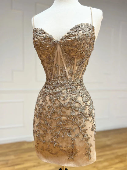 Spaghetti Straps Champagne Lace Sheath Homecoming Dresses  P2356