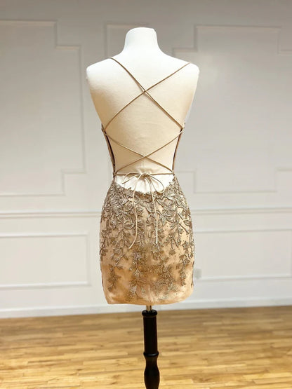 Spaghetti Straps Champagne Lace Sheath Homecoming Dresses  P2356