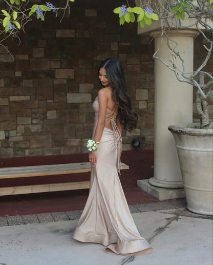 Spaghetti Straps Champagne Mermaid Prom Dress Sparkle Evening Gown  P1560