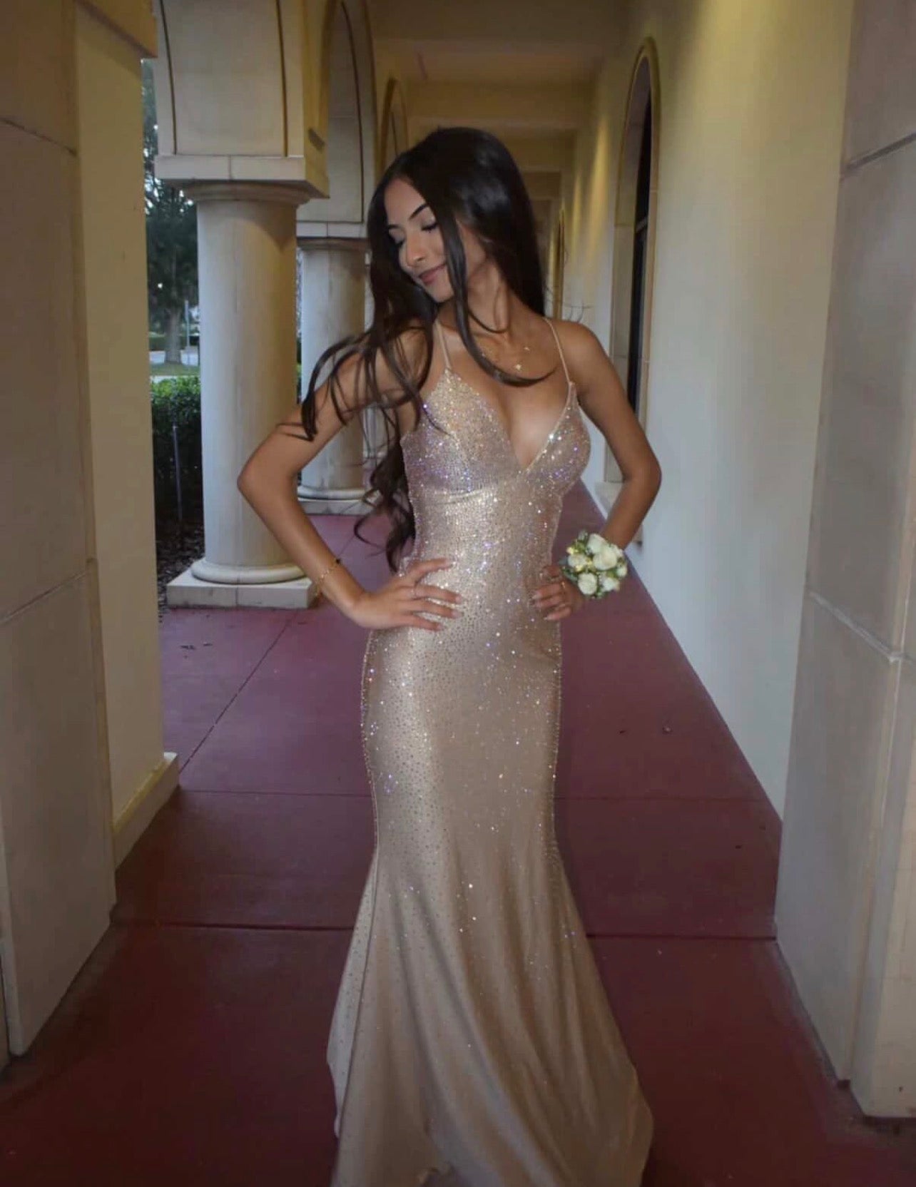 Spaghetti Straps Champagne Mermaid Prom Dress Sparkle Evening Gown  P1560