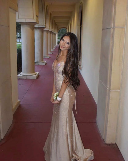 Spaghetti Straps Champagne Mermaid Prom Dress Sparkle Evening Gown  P1560