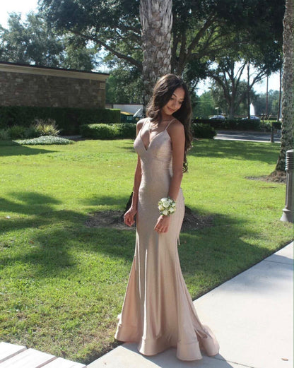 Spaghetti Straps Champagne Mermaid Prom Dress Sparkle Evening Gown  P1560