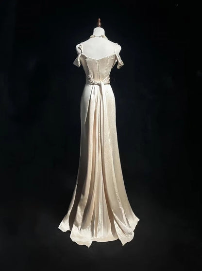 Spaghetti Straps Champagne Satin Evening Dress Mermaid Prom Dress   P1903