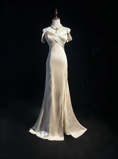 Spaghetti Straps Champagne Satin Evening Dress Mermaid Prom Dress   P1903