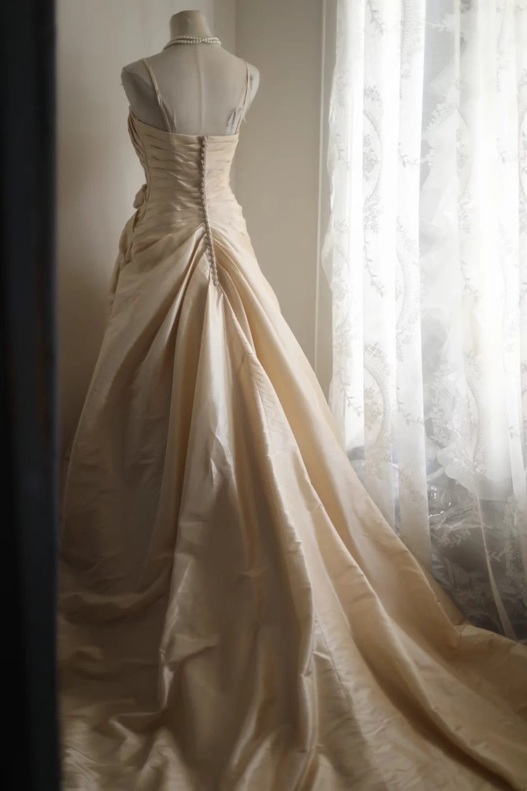 Spaghetti Straps Champagne Satin Formal Prom Dress With Flowers  P2055
