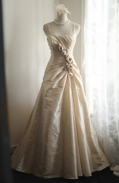 Spaghetti Straps Champagne Satin Formal Prom Dress With Flowers  P2055