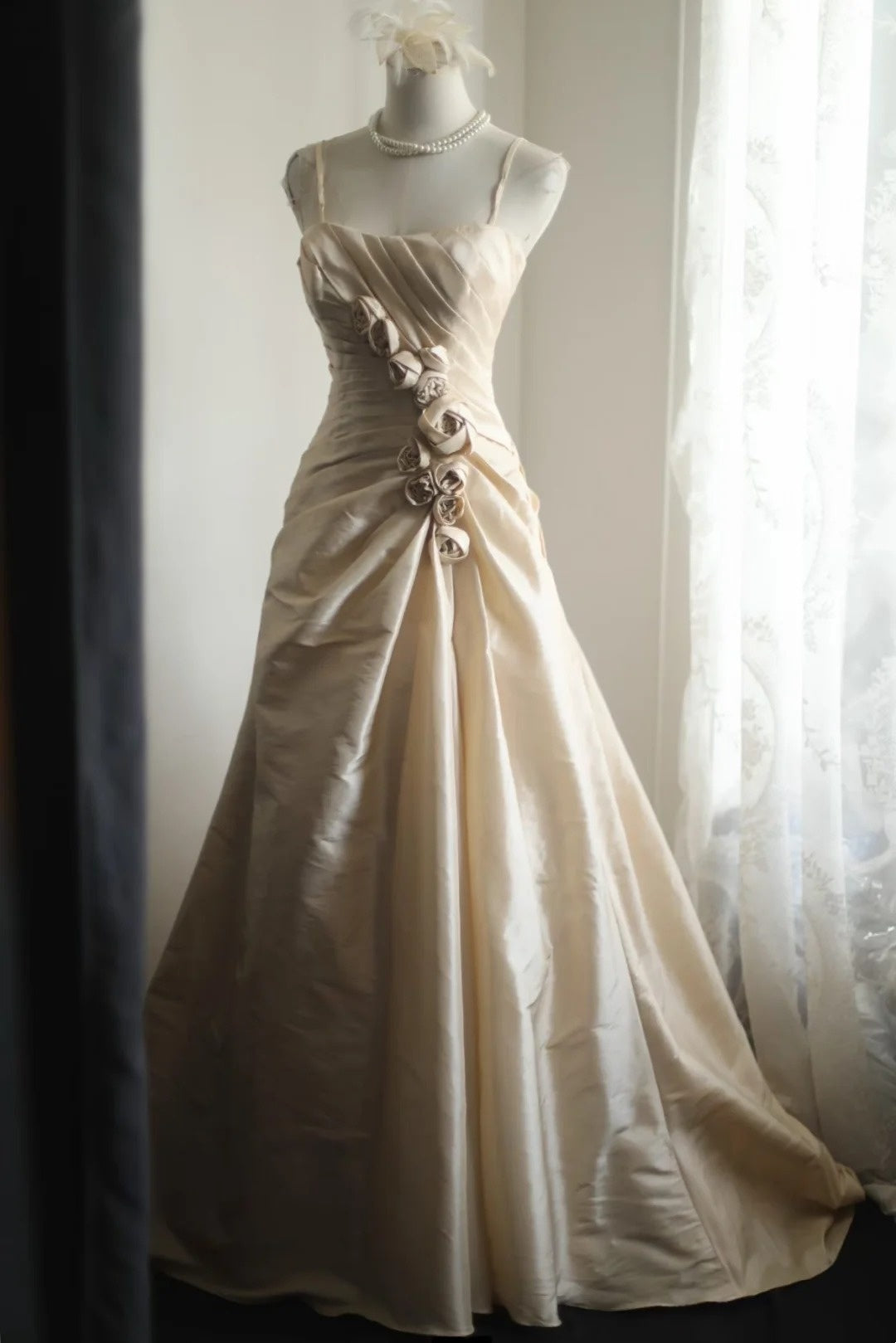 Spaghetti Straps Champagne Satin Formal Prom Dress With Flowers  P2055