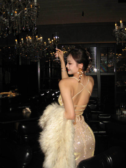 Spaghetti Straps Champagne Sparkle Prom Dress Sexy Birthday Dress  P768