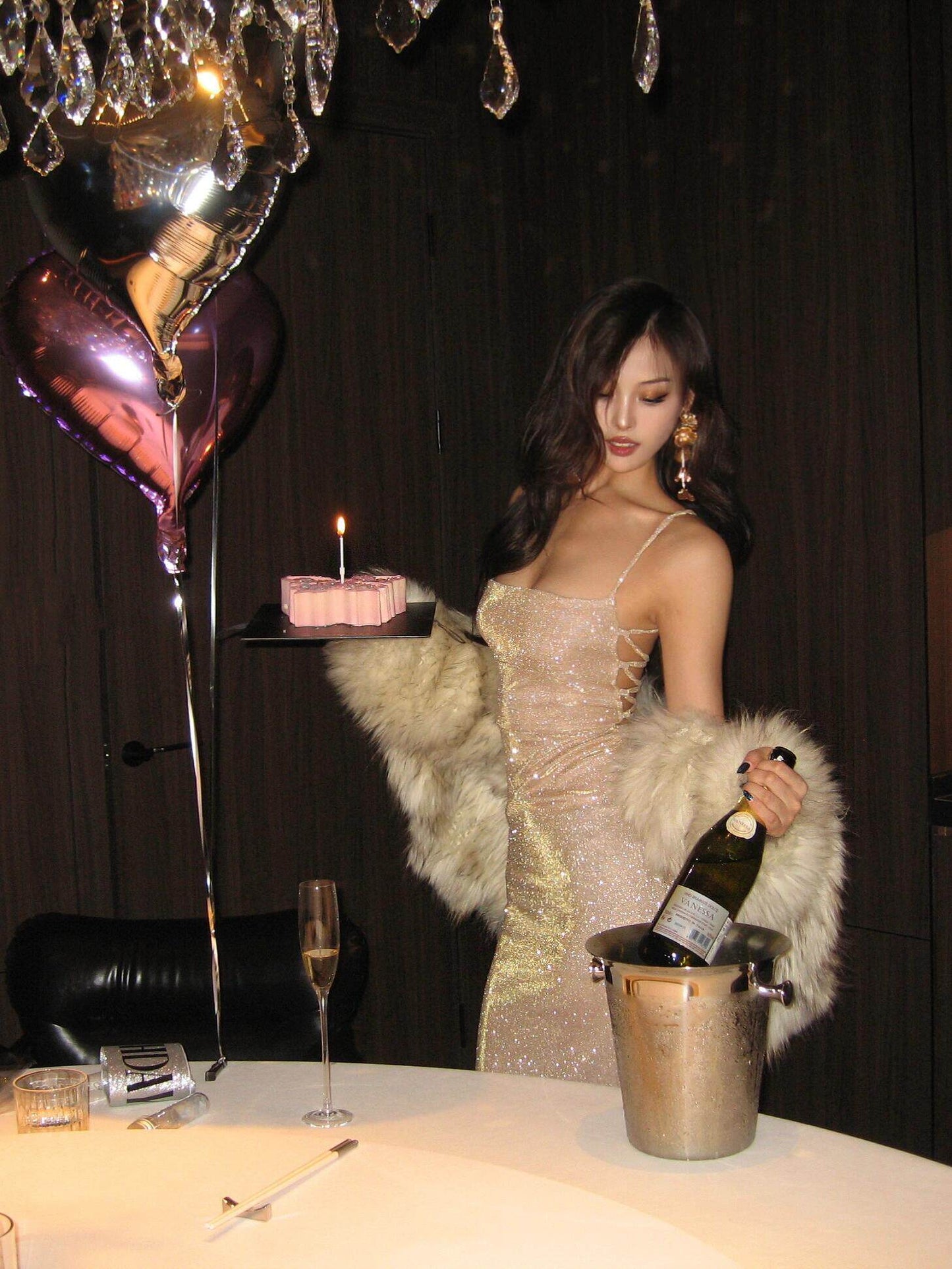 Spaghetti Straps Champagne Sparkle Prom Dress Sexy Birthday Dress  P768