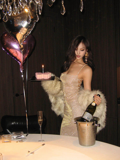 Spaghetti Straps Champagne Sparkle Prom Dress Sexy Birthday Dress  P768