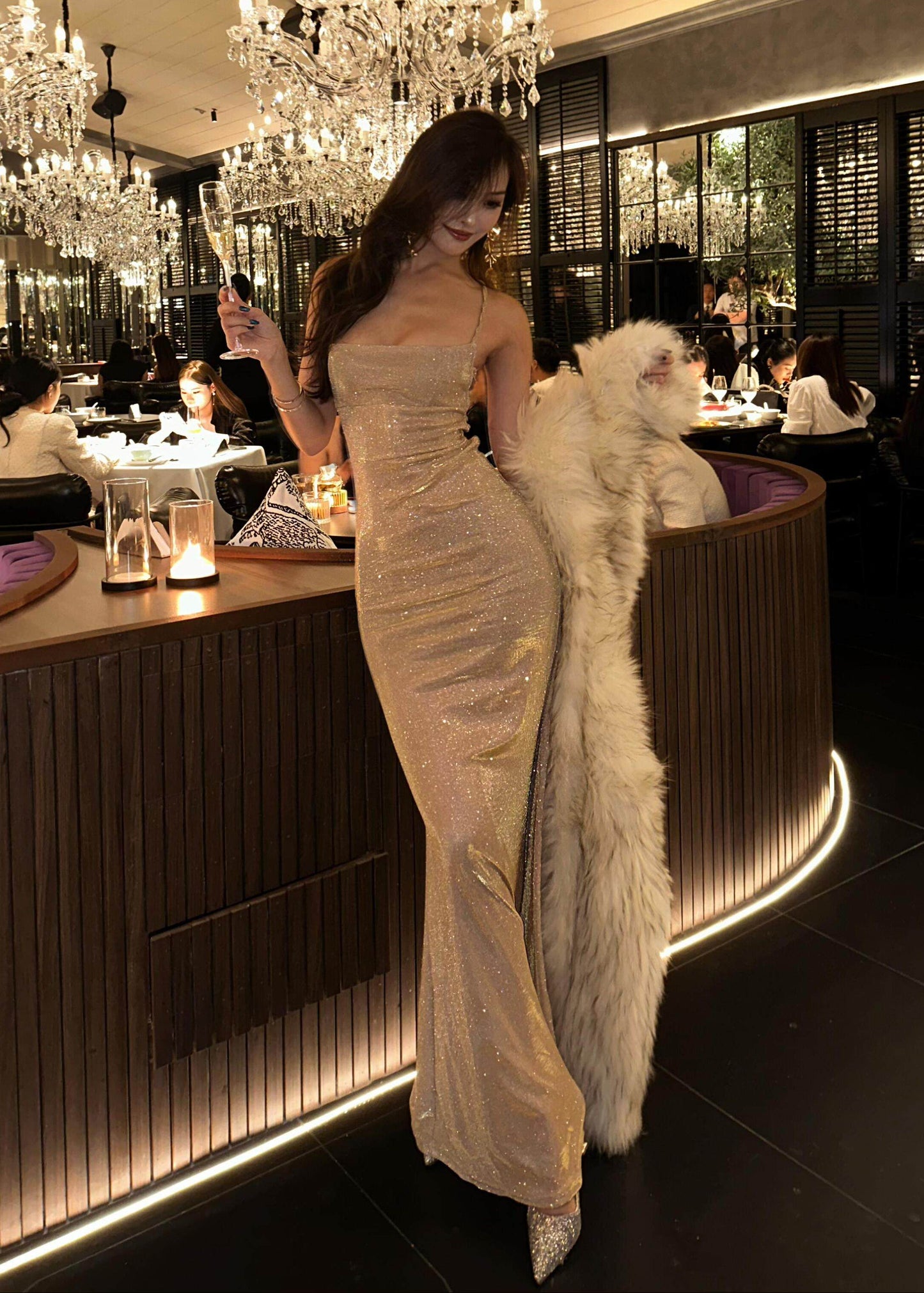 Spaghetti Straps Champagne Sparkle Prom Dress Sexy Birthday Dress  P768