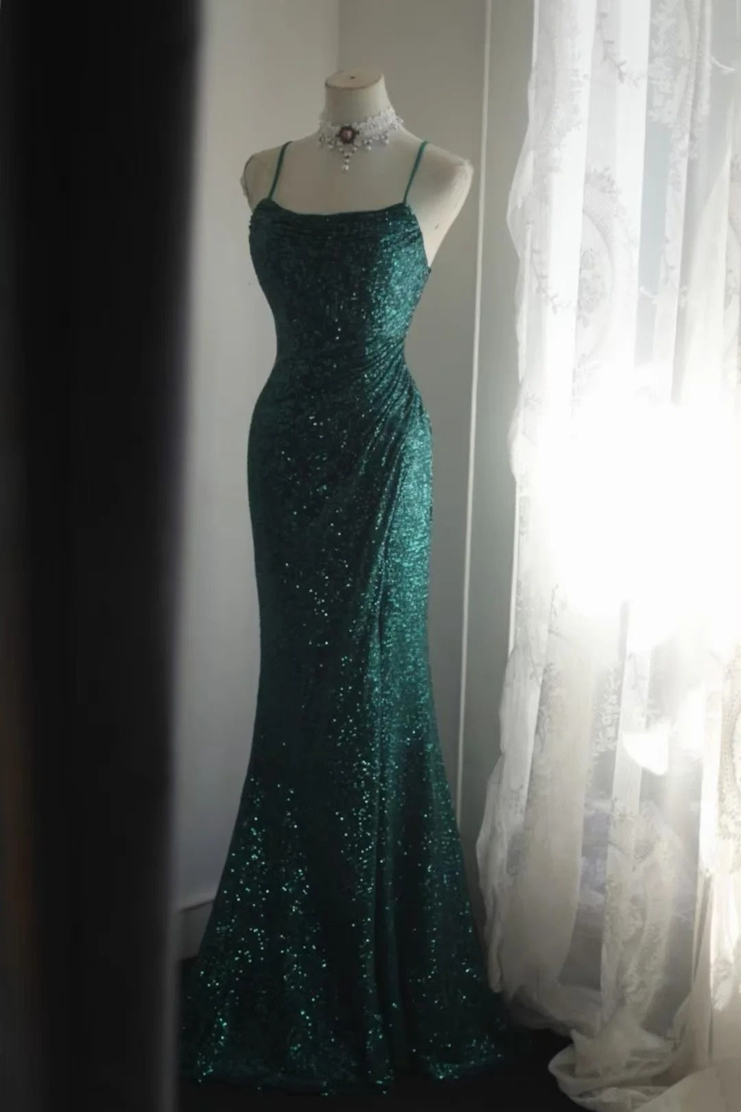 Spaghetti Straps Dark Green Sequin Mermaid Formal Prom Dress  P1915