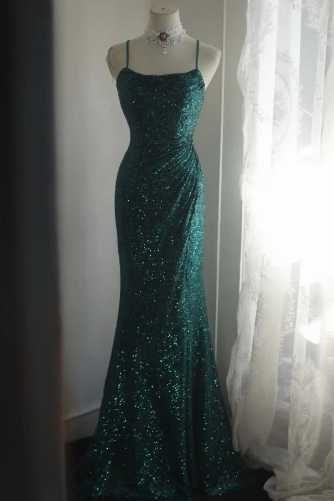 Spaghetti Straps Dark Green Sequin Mermaid Formal Prom Dress  P1915