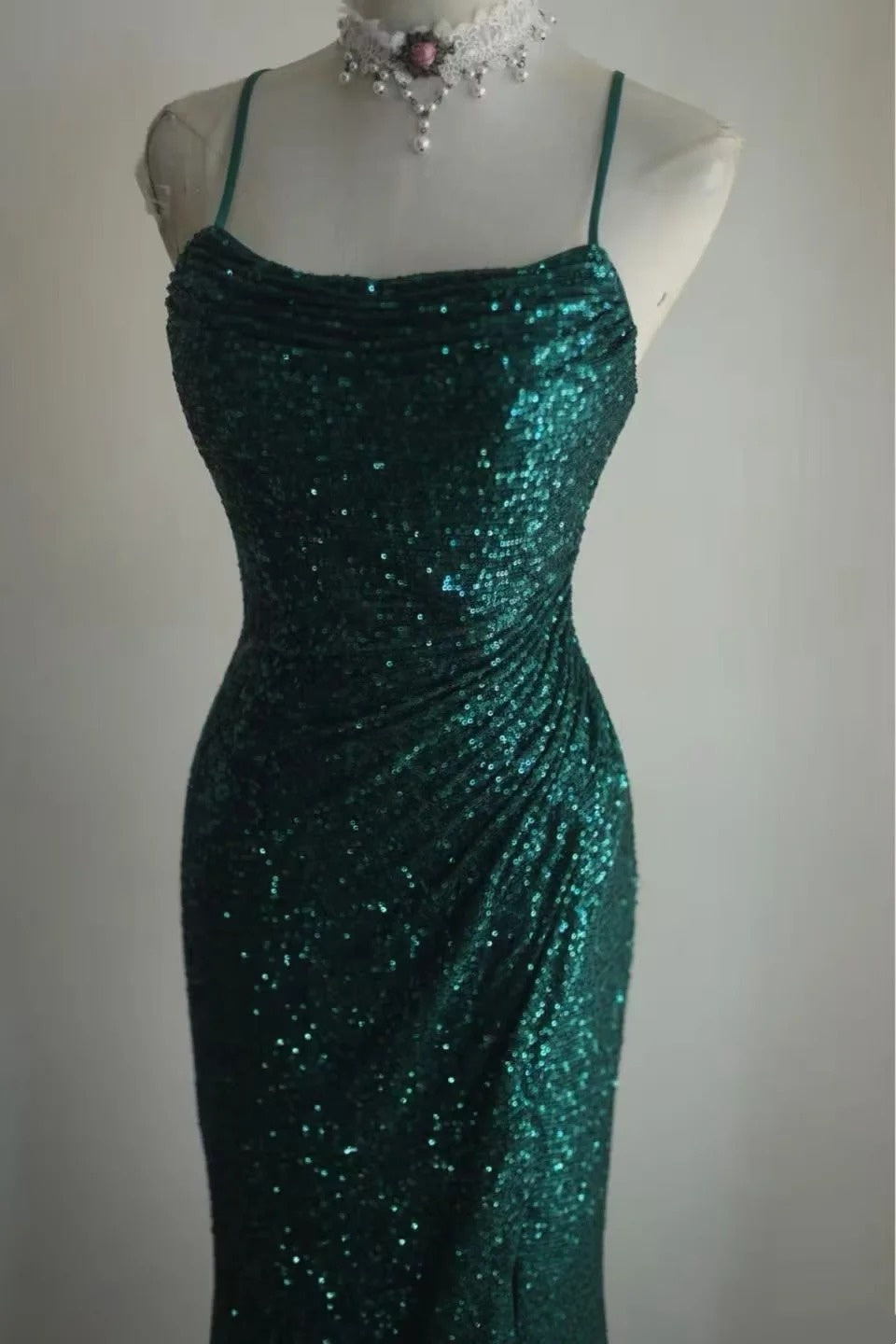 Spaghetti Straps Dark Green Sequin Mermaid Formal Prom Dress  P1915