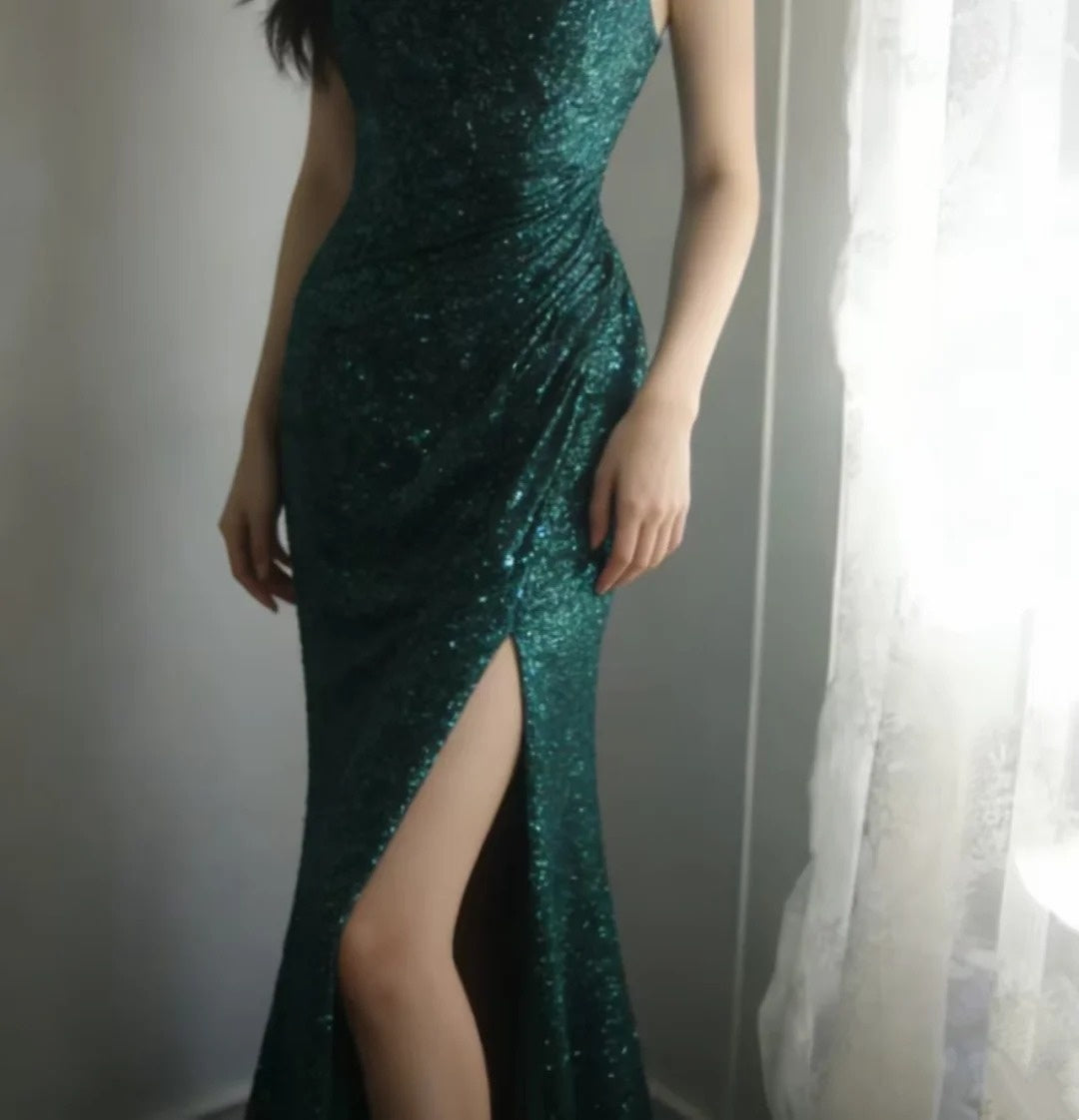 Spaghetti Straps Dark Green Sequin Mermaid Formal Prom Dress  P1915