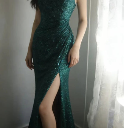 Spaghetti Straps Dark Green Sequin Mermaid Formal Prom Dress  P1915