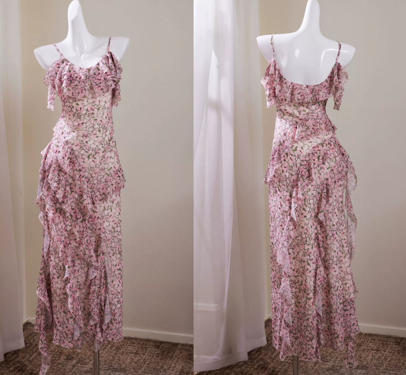 Spaghetti Straps Flora Printed Summer Dress Ruffled Party Dress L92