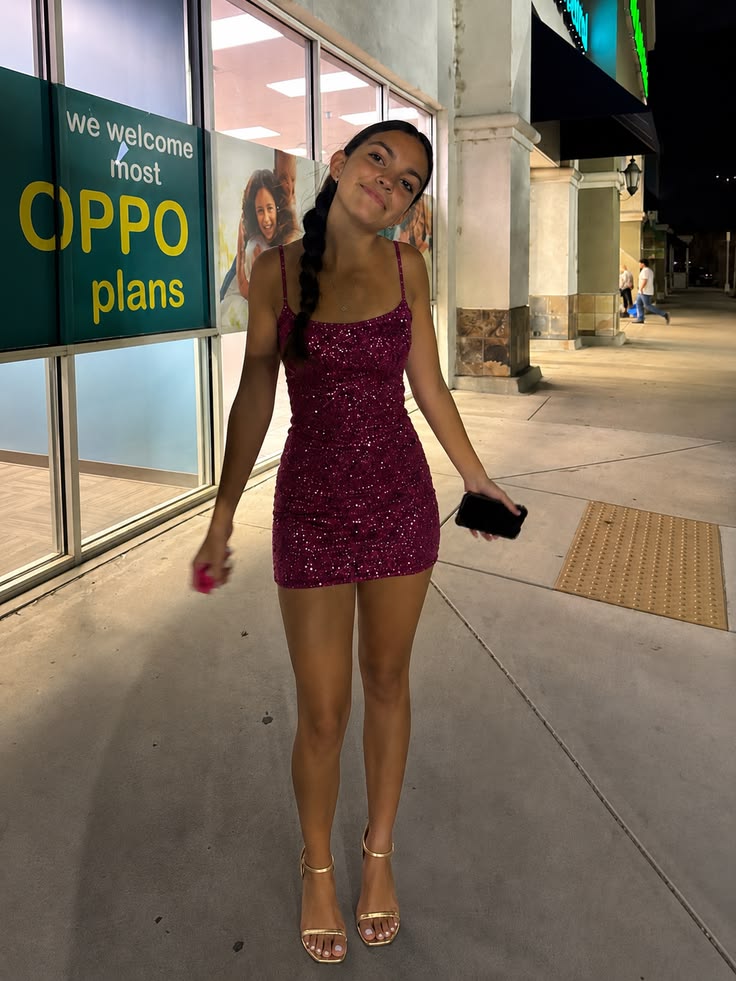 Spaghetti Straps Fuchsia Sequin Homecoming Dress  P2347
