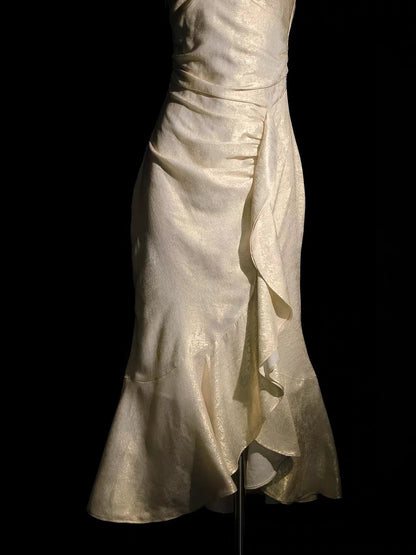 Spaghetti Straps Gold Retro Ruffled Prom Dress  P1558