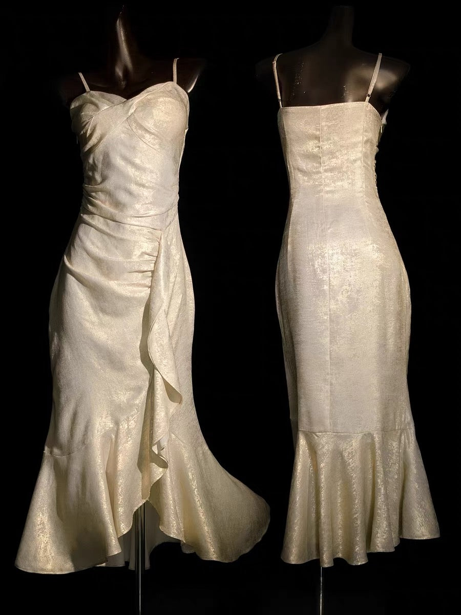 Spaghetti Straps Gold Retro Ruffled Prom Dress  P1558