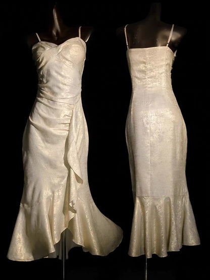Spaghetti Straps Gold Retro Ruffled Prom Dress  P1558