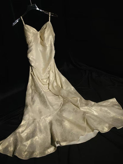 Spaghetti Straps Gold Retro Ruffled Prom Dress  P1558