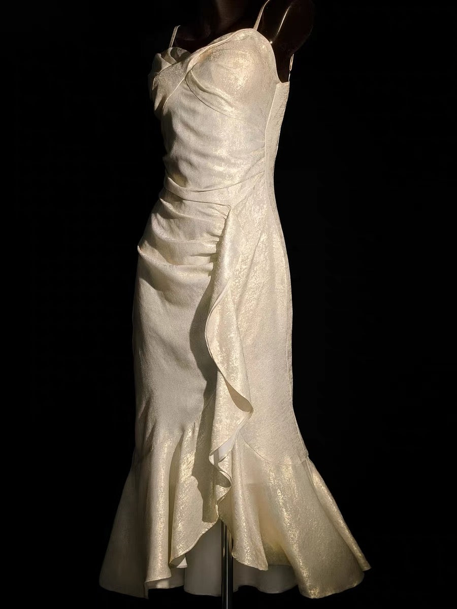 Spaghetti Straps Gold Retro Ruffled Prom Dress  P1558