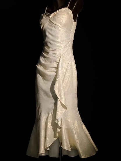 Spaghetti Straps Gold Retro Ruffled Prom Dress  P1558