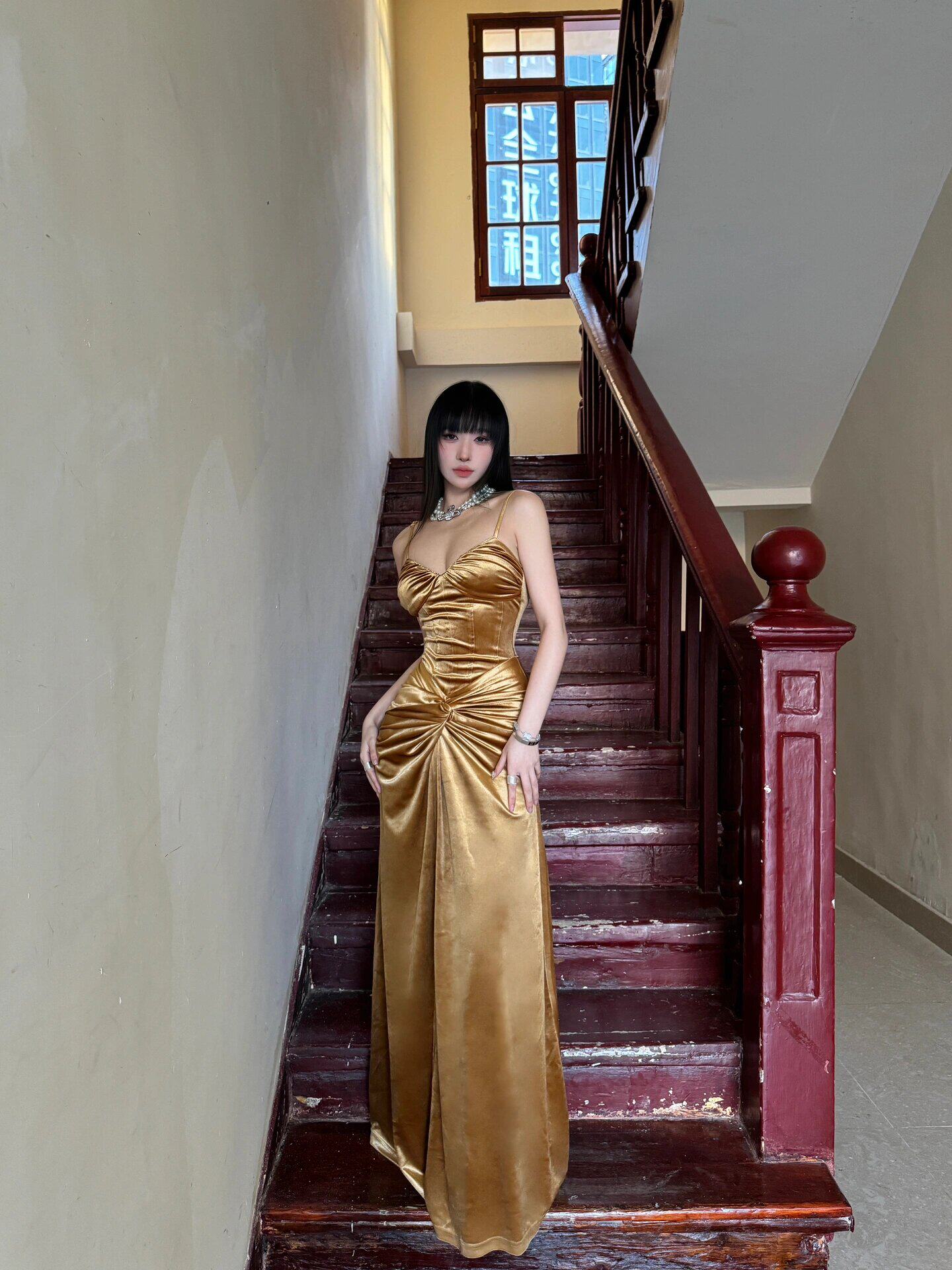 Spaghetti Straps Gold Satin Prom Dress Formal Party Dress  P770