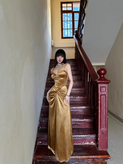 Spaghetti Straps Gold Satin Prom Dress Formal Party Dress  P770
