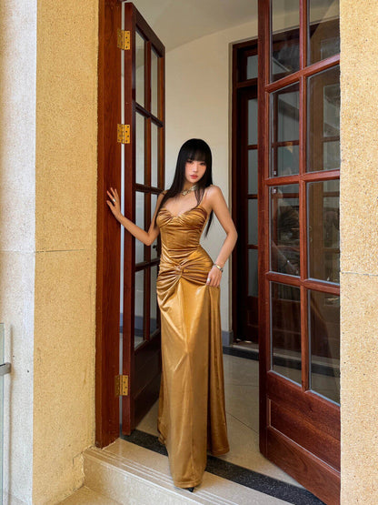 Spaghetti Straps Gold Satin Prom Dress Formal Party Dress  P770