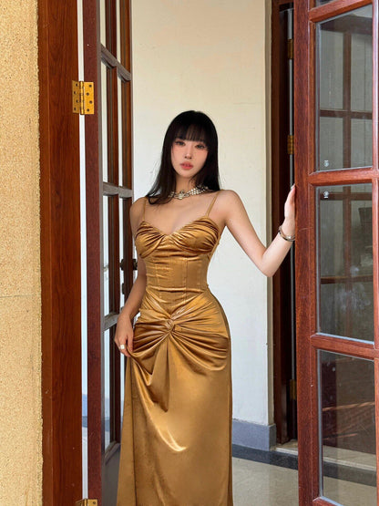 Spaghetti Straps Gold Satin Prom Dress Formal Party Dress  P770