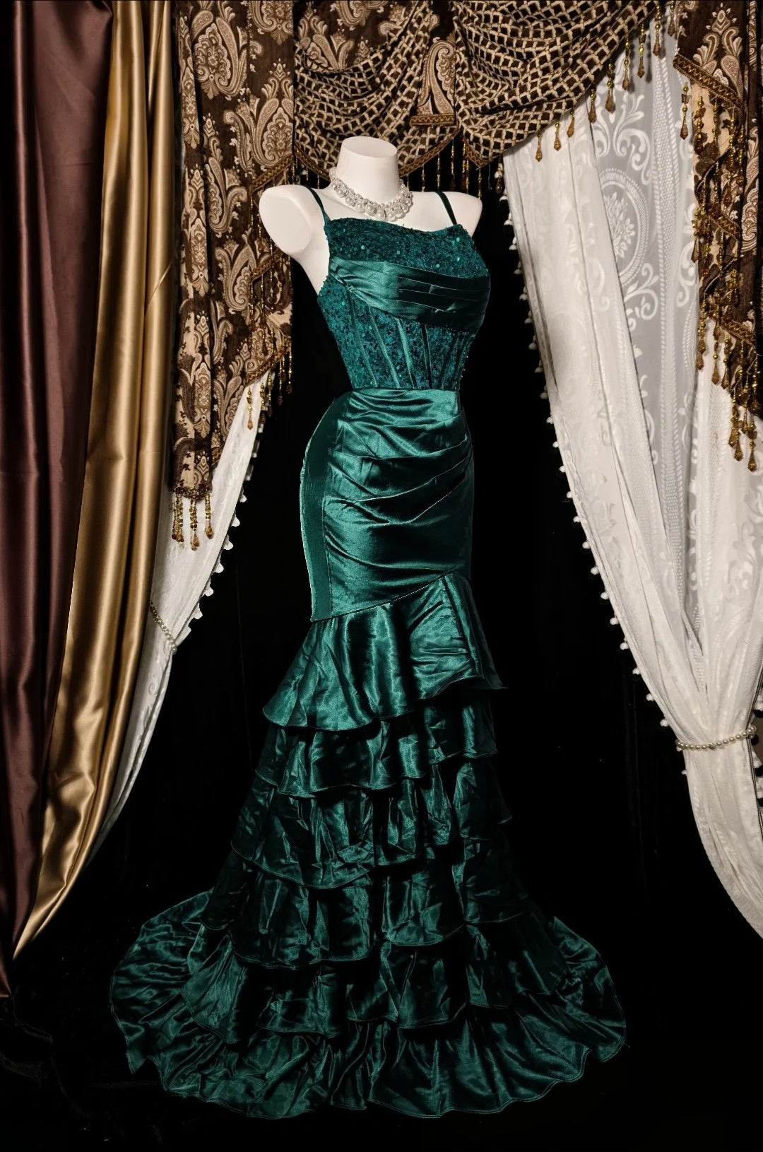 Spaghetti Straps Green Mermaid Prom Dress Layered Evening Gown  P2611