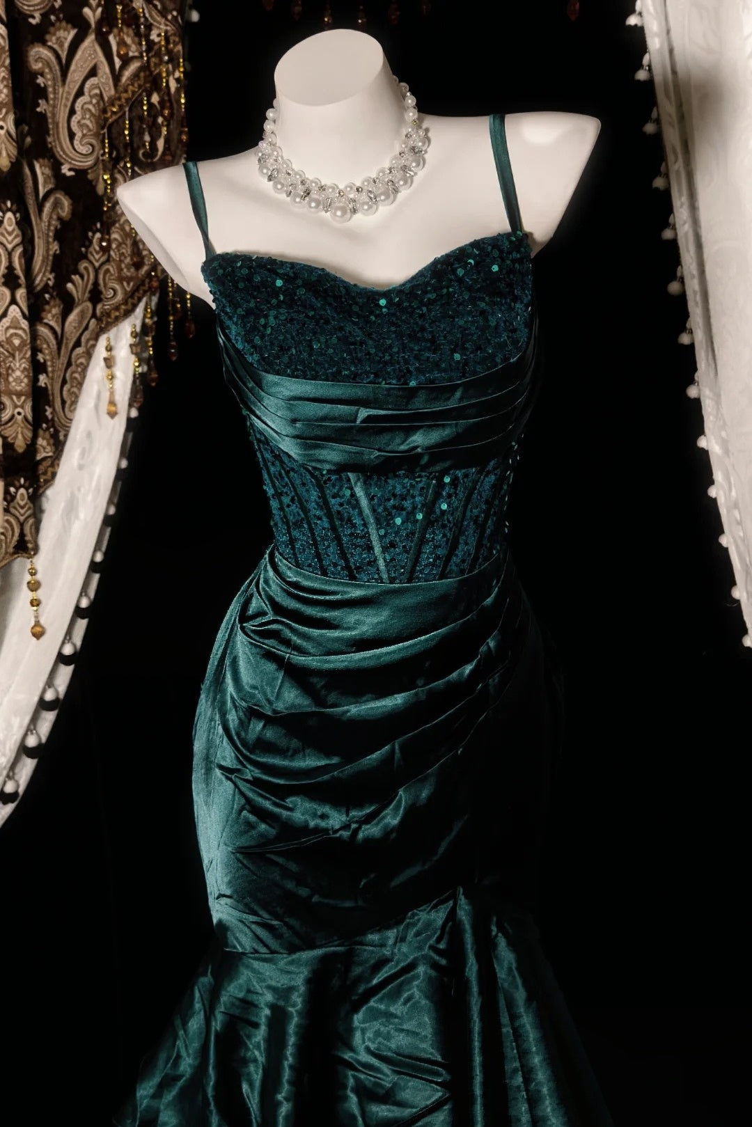 Spaghetti Straps Green Mermaid Prom Dress Layered Evening Gown  P2611