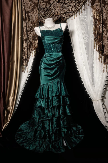 Spaghetti Straps Green Mermaid Prom Dress Layered Evening Gown  P2611