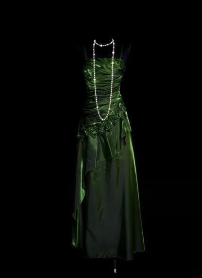 Spaghetti Straps Green Retro Prom Dress Beaded Evening Gowns  P2095
