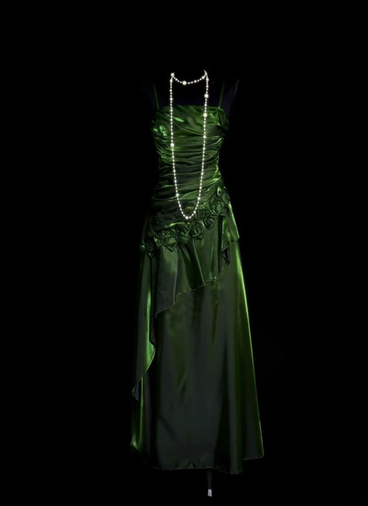 Spaghetti Straps Green Retro Prom Dress Beaded Evening Gowns  P2095
