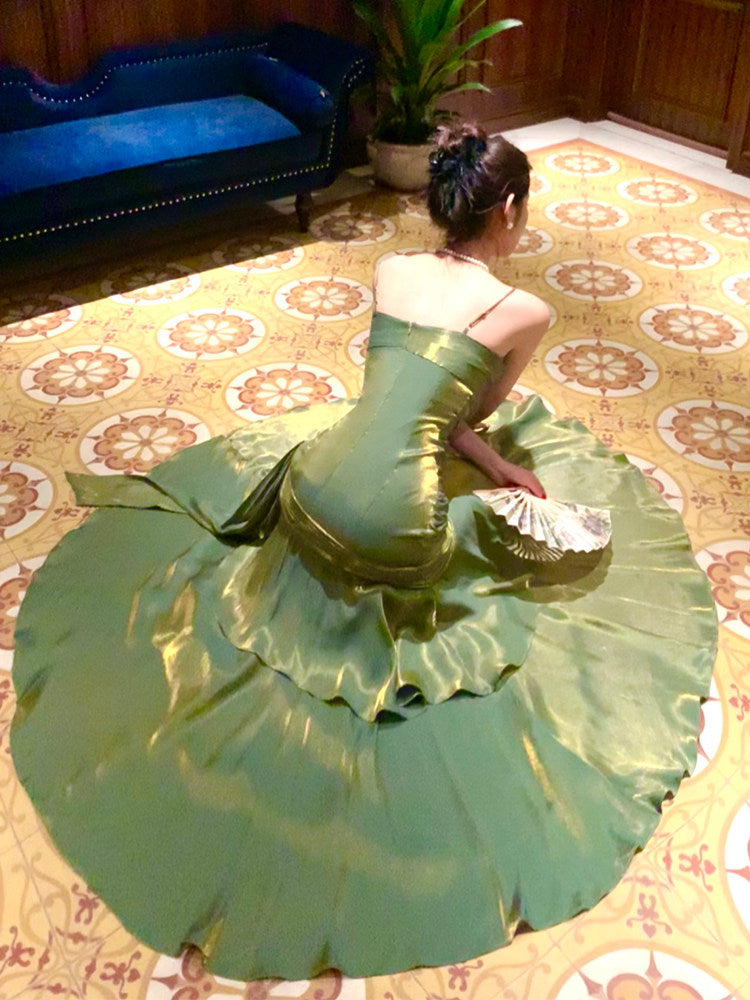 Spaghetti Straps Green Ruffled Prom Dress Layered Birthday Dress P1630