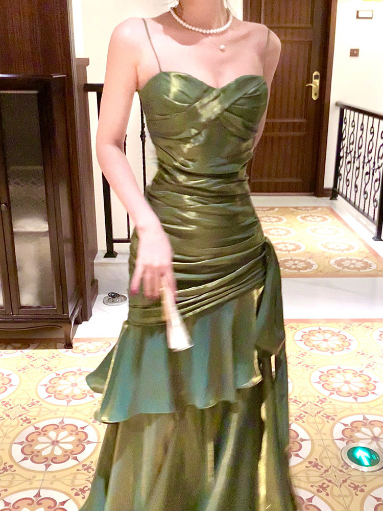 Spaghetti Straps Green Ruffled Prom Dress Layered Birthday Dress P1630