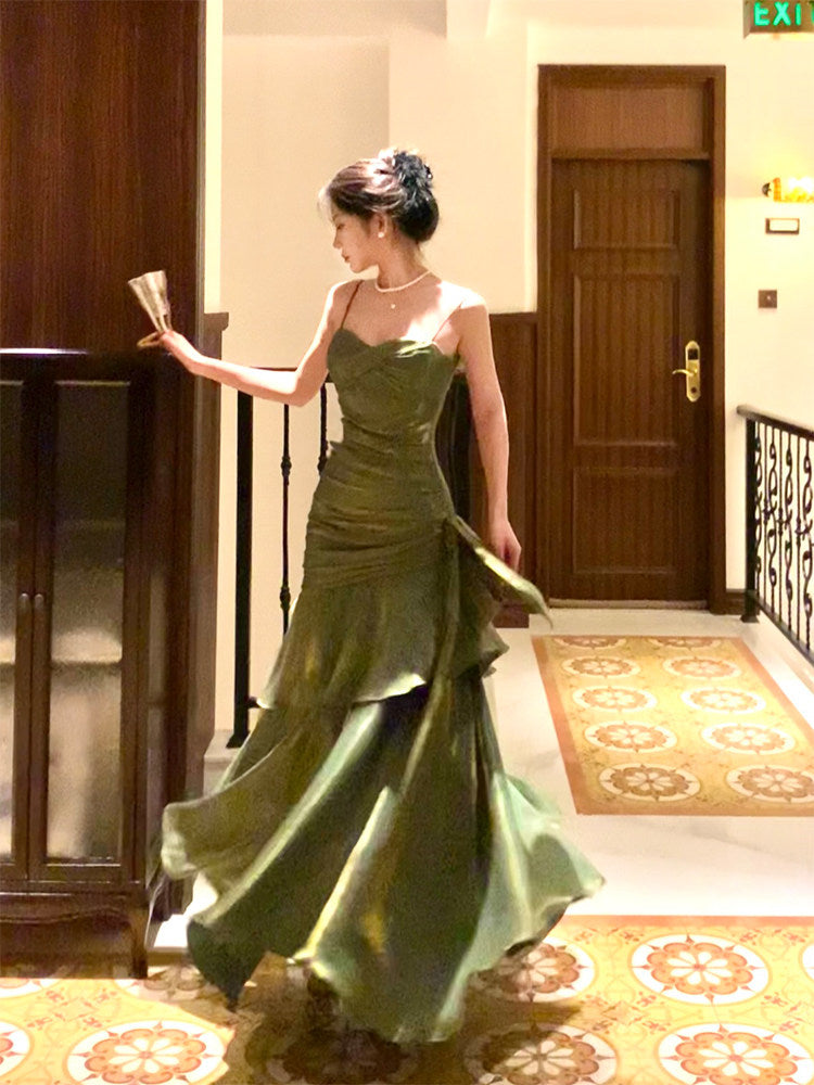 Spaghetti Straps Green Ruffled Prom Dress Layered Birthday Dress P1630