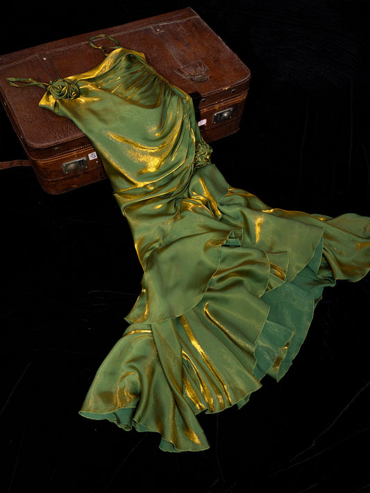 Spaghetti Straps Green Ruffled Prom Dress Vintage Formal Party Dress  P777