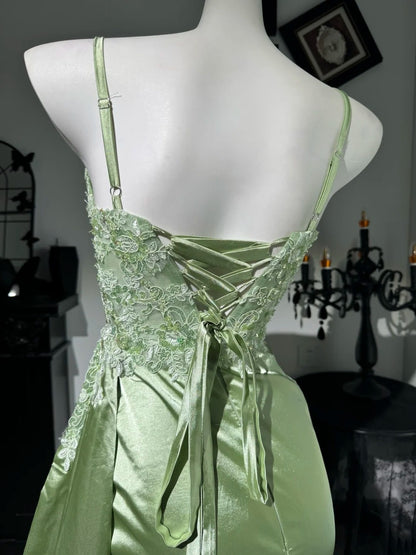 Spaghetti Straps Green Satin Mermaid Prom Dress With Appliques  P2395