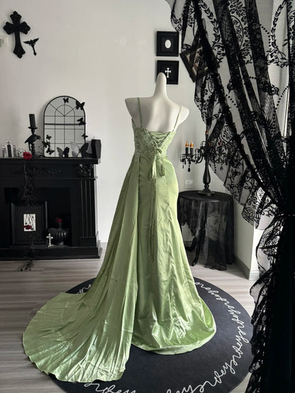 Spaghetti Straps Green Satin Mermaid Prom Dress With Appliques  P2395