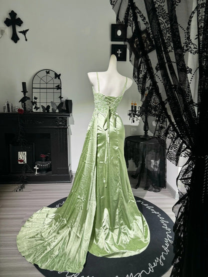 Spaghetti Straps Green Satin Mermaid Prom Dress With Appliques  P2395