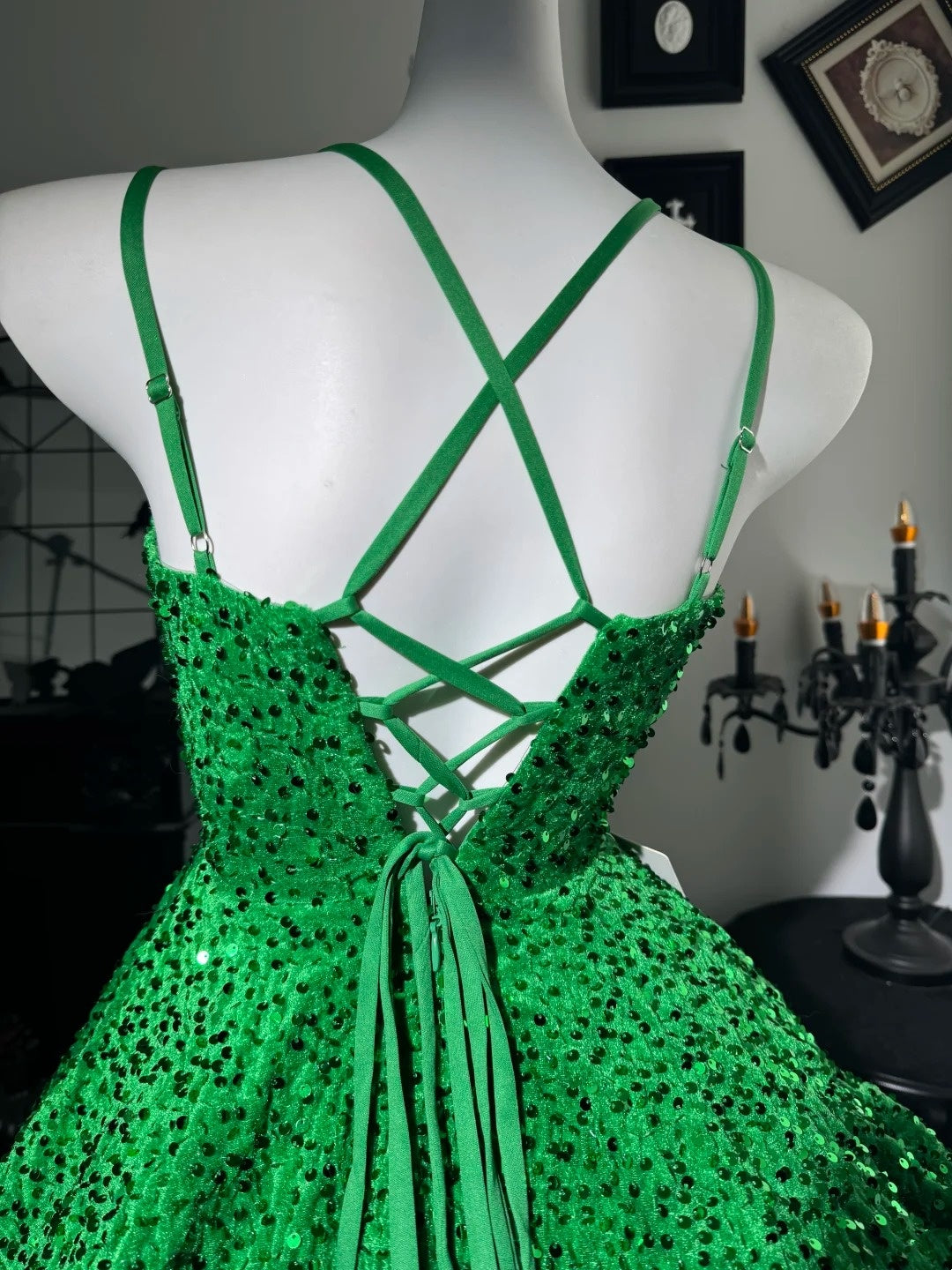Spaghetti Straps Green Velvet Sequin Homecoming Dress Short Party Dress  P1857